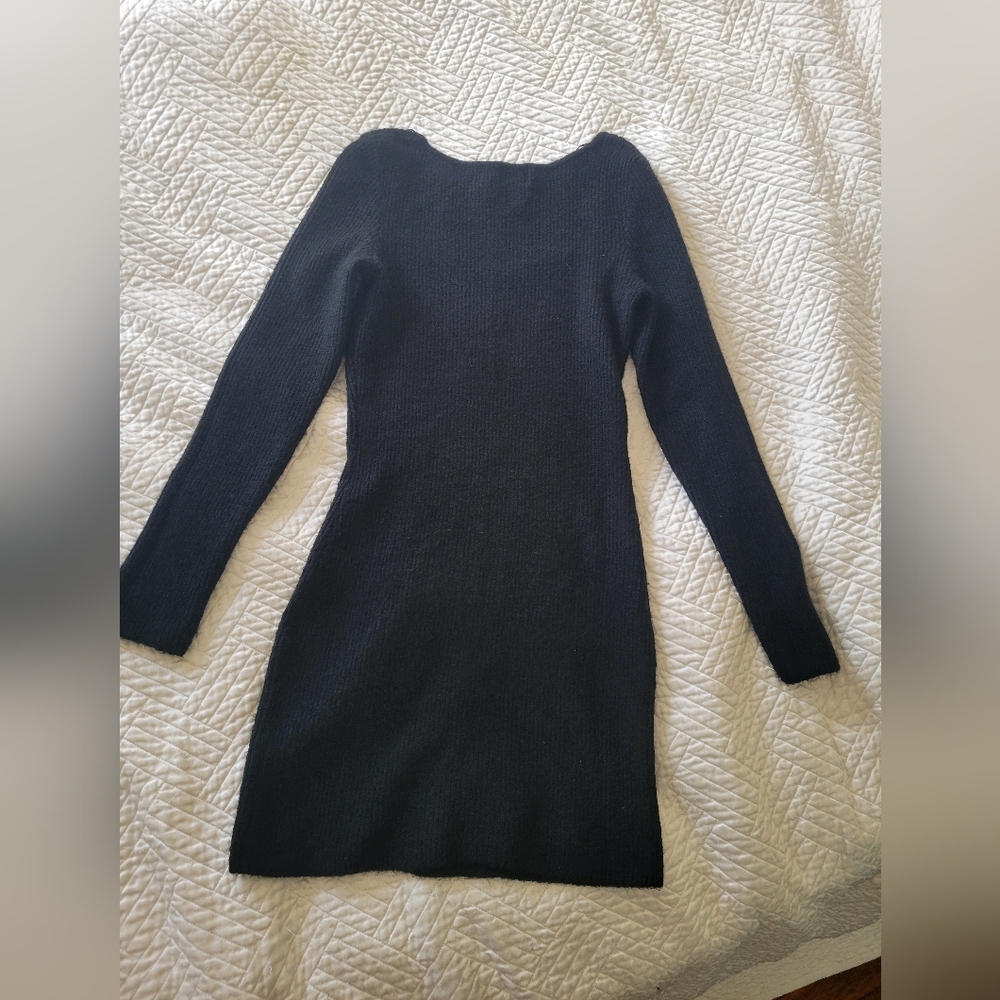 H&M Black Ribbed Square Neck Mini Dress Long Sleeve Bodycon S - Picture 6 of 7